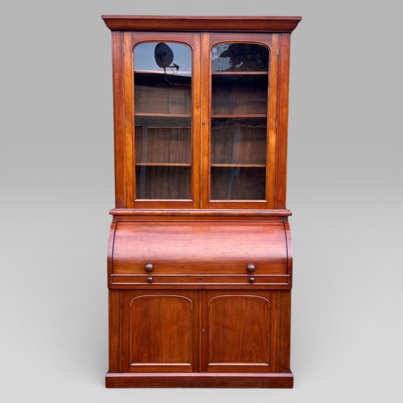 Antique Victorian Walnut Cylinder Bureau Bookcase With Writing Desk & Cupboard